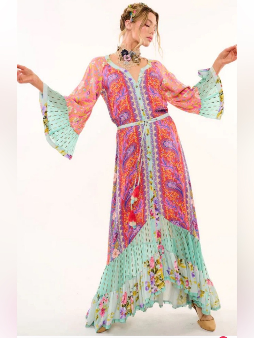 NWT Aratta Boho Paisley Maxi Dress in Coral & Mint size small video